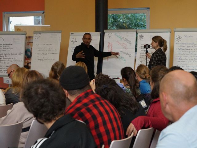Der Moderator stellt die Ergebnisse der Kleingruppenarbeit an Flipcharts vor.