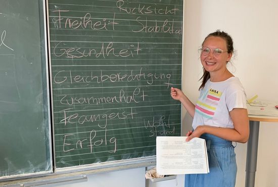 Eine Person steht vor einer Schultafel.
