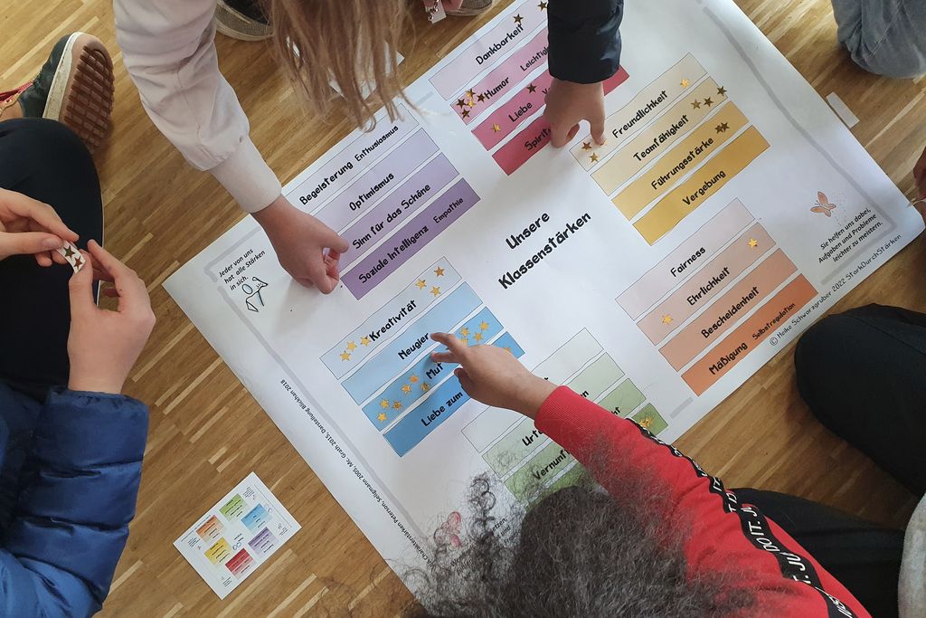 Kinder sitzen vor einem großen Blatt Papier mit der Aufschrift "Unsere Klassenstärken".