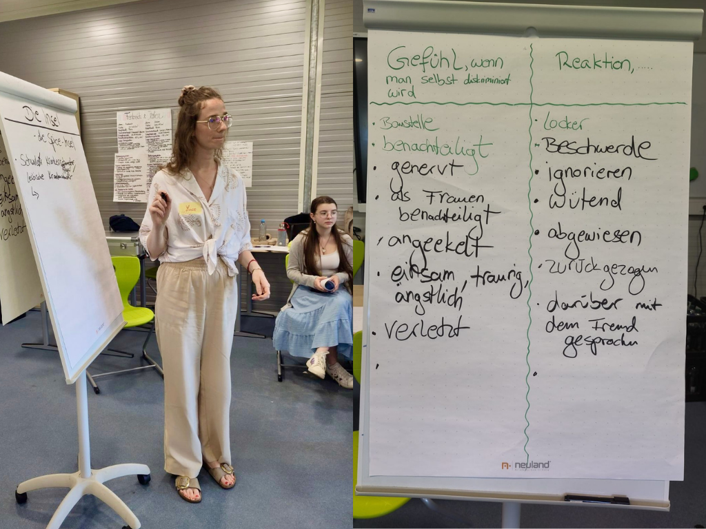 Eine junge Frau steht an einem Flipchart in einem Klassenzimmer. Sie hat einen Stift in der Hand und schaut in die Runde.